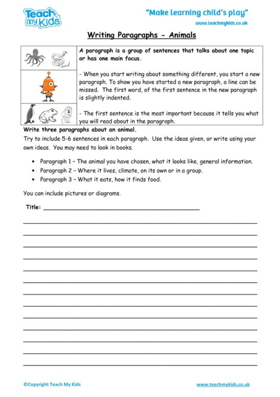 Worksheets for kids - writing-paragraphs-animals